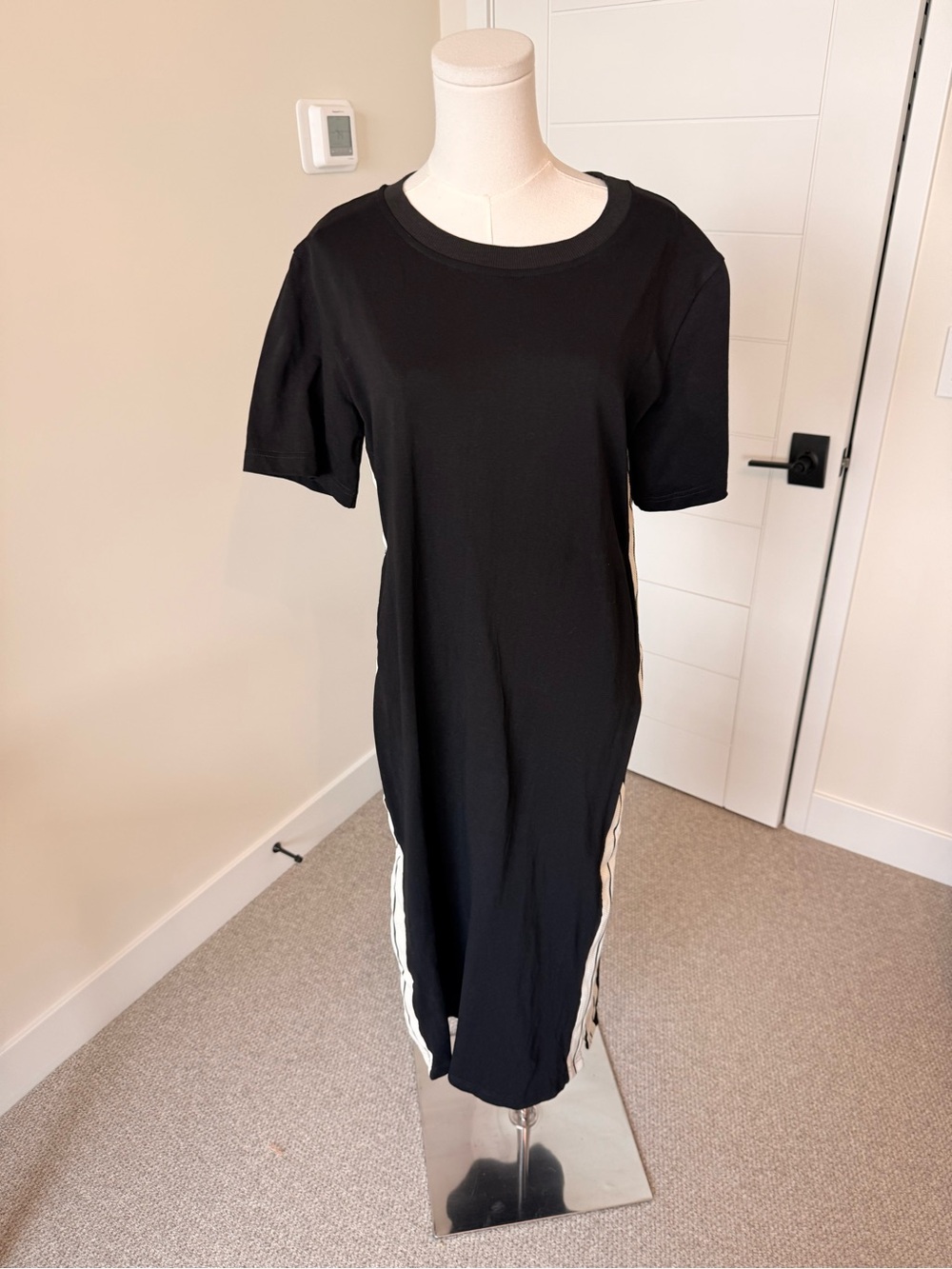 Black Short-Sleeve T-Shirt Dress with Side Stripe